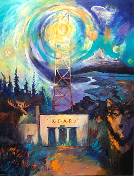 KFAR Radio Tower, moose wearing cowboy hat, wolf staring at you, mountains cape with river, aurora and baseballs flying out as moons in the galaxy