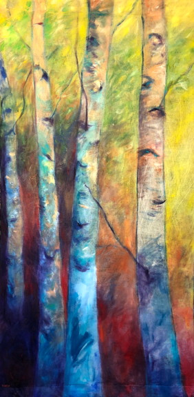 Birch Trees painted on Sky Cloth 48" x 84."