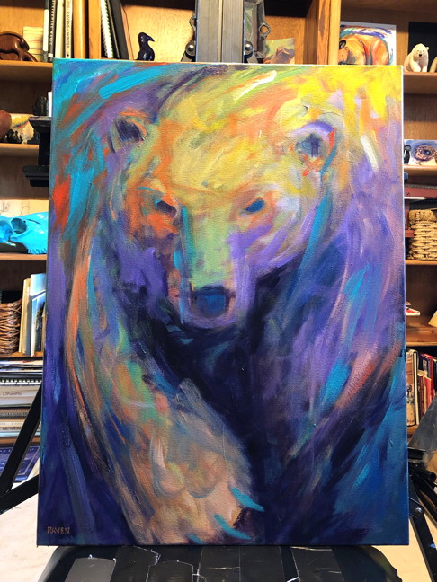 Bear painted wildly on canvas with many of the colors from Autumn.